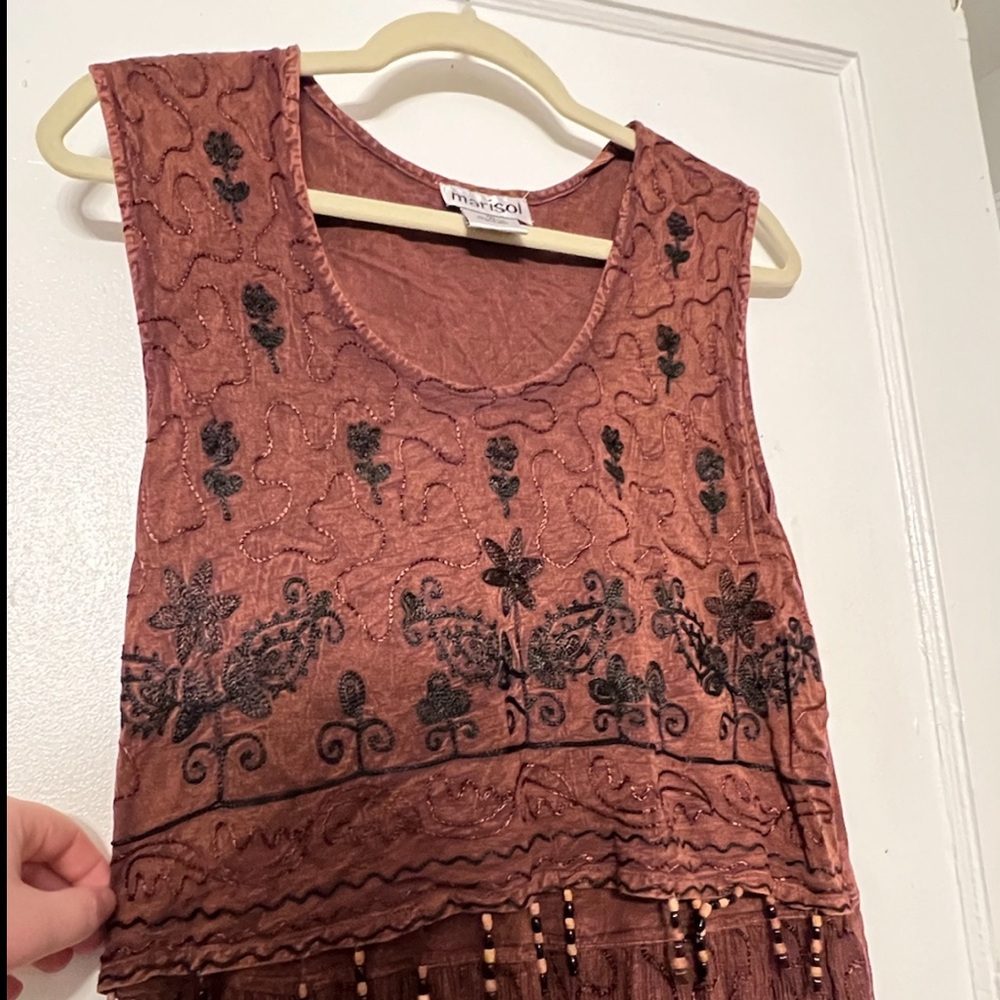 VTG Marisol Brown MIDI Cottagecore Dress Boho Embroidered Sleeveless Bead, XL - Picture 3 of 14